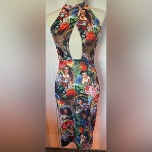 NWOT Calvin Tran print Bodycon dress w/large keyhole opening front/back Small